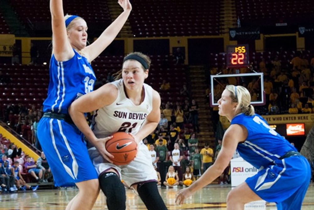 Sophomore forward Sophie Brunner drives to the basket in a game against Middle Tennessee, Friday. Nov. 14, 2014 at Wells Fargo Arena in Tempe. The Sun Devils defeated the Blue Raiders 81-67. (Photo by Ben Moffat)