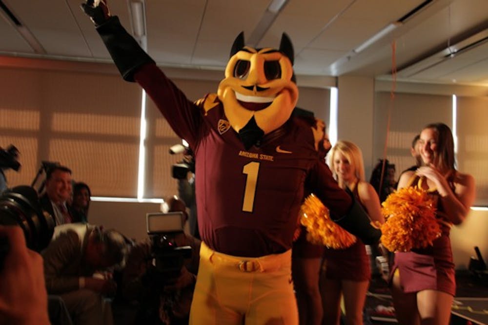 Sparky shows off his new threads at a press conference inside the Memorial Union on March 1.  (Photo by Shawn Raymundo)