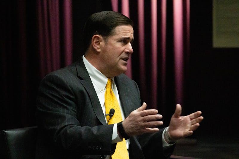 Gov. Doug Ducey addresses the crowd at a talk titled “The Future of Education in Arizona” on Thursday, Feb. 27, 2020, at Coor Hall on the Tempe campus. &nbsp;&nbsp;&nbsp;