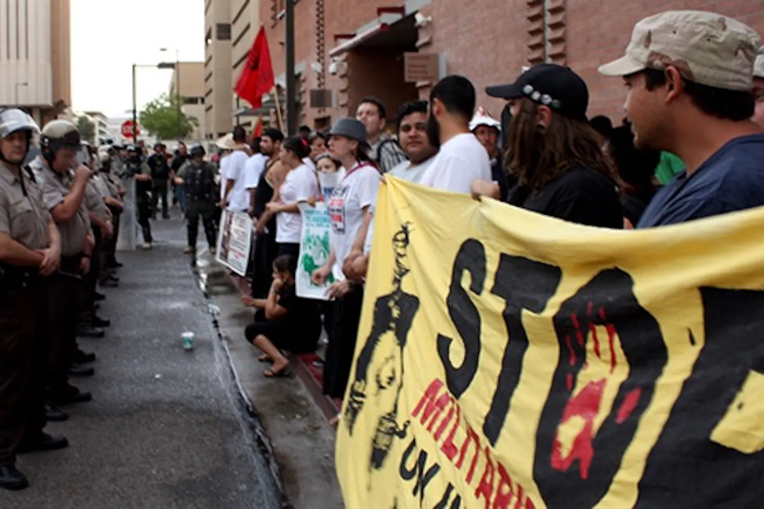 Protesters of the immigration bill SB1070 gather in downtown Phoenix Thursday afternoon. (Photo by Joe Schmidt)