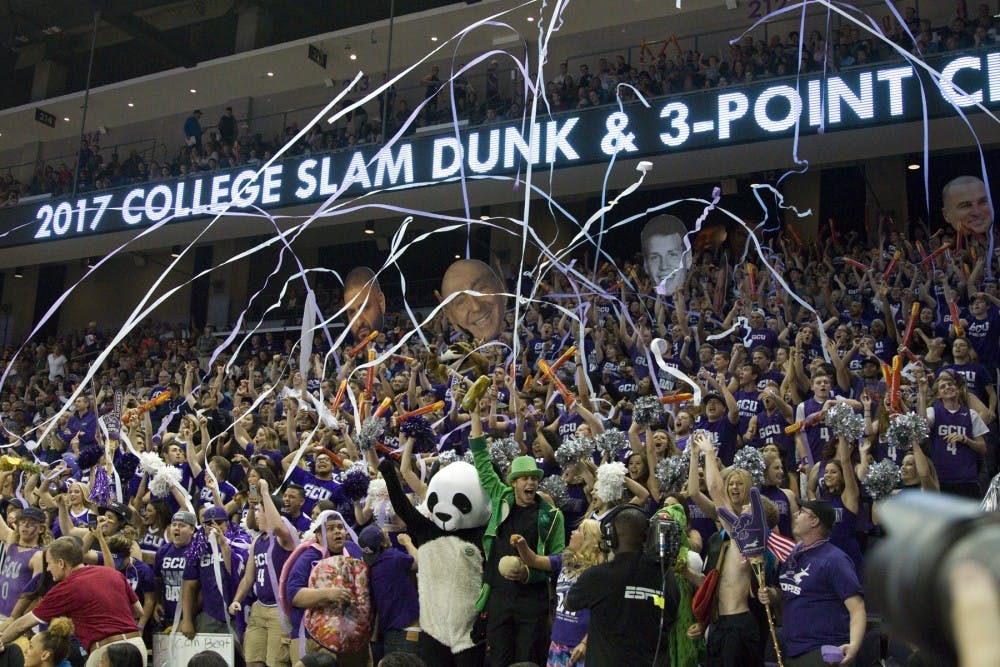 The Grand Canyon University student section, known as the Havoks, celebrate the start of the StateFarm College Slam Dunk and 3-Point Championships at Grand Canyon University Arena in Phoenix, Arizona on Thursday, March 30, 2017.