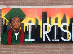 The 'Still I Rise' mural, featuring Michael Brown, pictured on the ASU West campus.