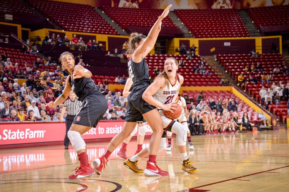 Junior forward Sophie Brunner attacks the rim against Stanford on&nbsp;Monday, Jan. 4, 2016, at the Wells Fargo Arena in Tempe. ASU would go on to win the game 49 - 31.