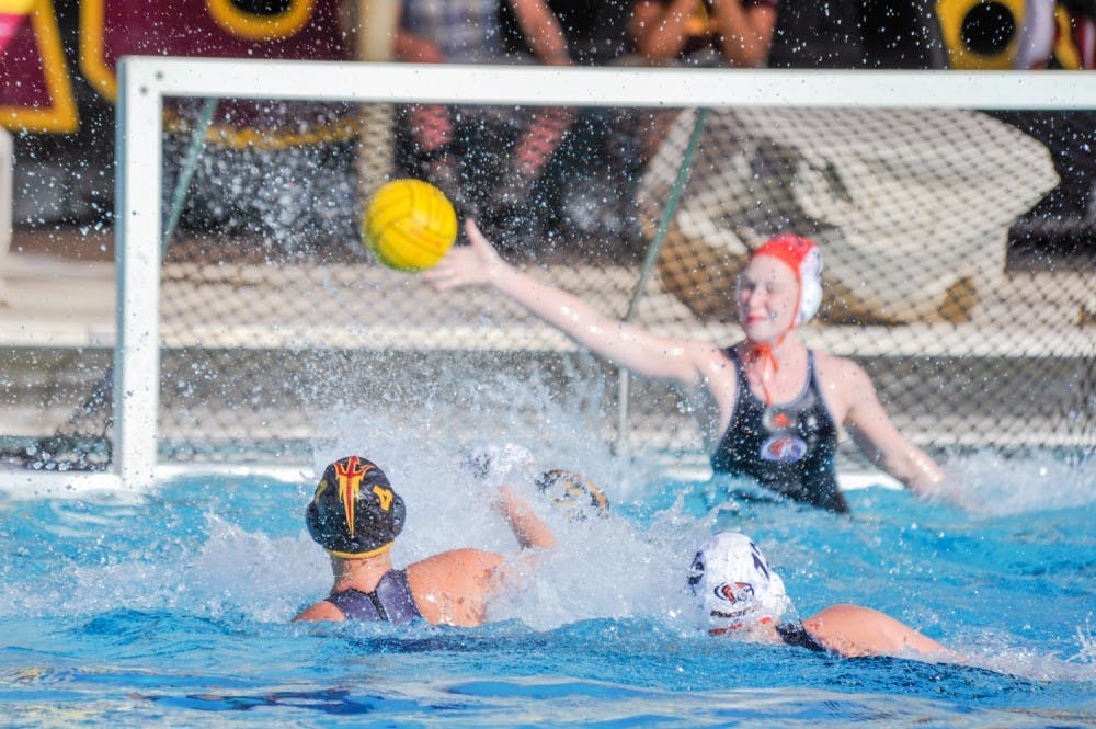 Senior Daisy Carter scores a game-clinching goal&nbsp;against University of the Pacific on Sunday, March 20, 2016, at the Mona Plummer Aquatic Complex in Tempe, AZ. ASU won 5-3.