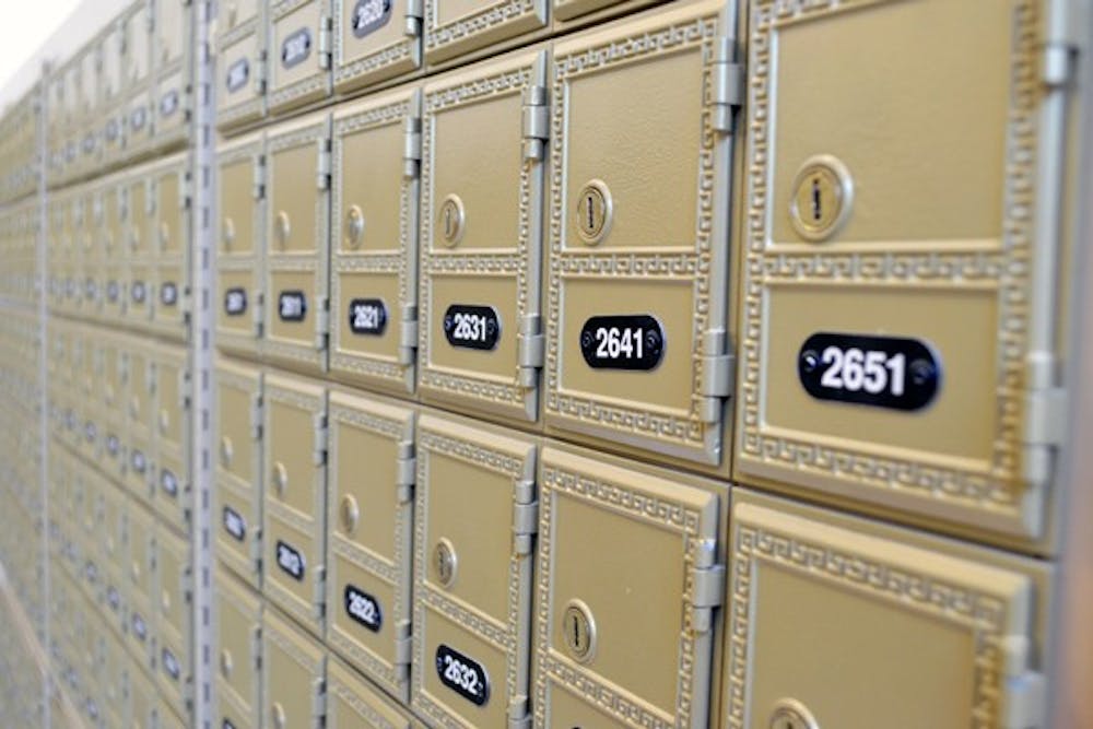 Rows of mailboxes in Taylor Place wait for mail from loved ones. (Photo by Mackenzie McCreary)