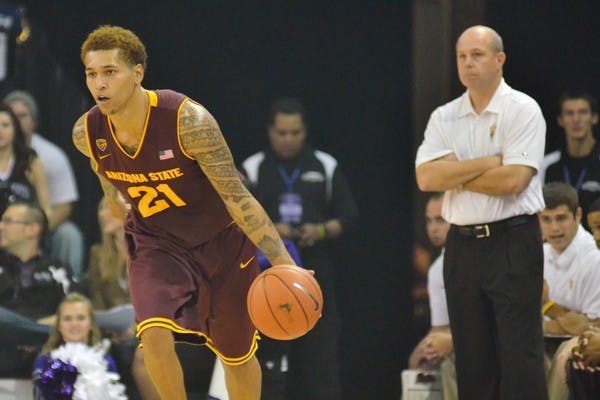 SO IT BEGINS: ASU coach Herb Sendek watches sophomore guard Keala King drive up court during the Sun Devils’ exhibition win over Grand Canyon. ASU will likely begin its season without the services of freshman Jahii Carson, who is still waiting on the NCAA to determine his eligibility. (Photo by Aaron Lavinsky)