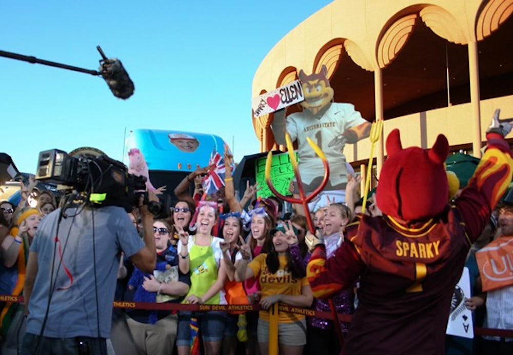 BIG TRUCKIN DEAL: ASU students gathered in front of Gammage Auditorium for over fours to appear on The Ellen Show, which filmed Tuesday in Tempe.  Tempe was the first stop in Ellen Degeneres' "Big Truckin Deal" tour. (Photo by Lisa Bartoli)