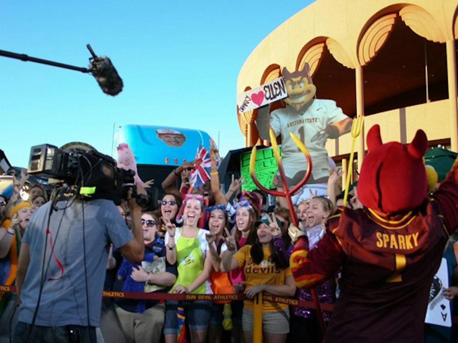 BIG TRUCKIN DEAL: ASU students gathered in front of Gammage Auditorium for over fours to appear on The Ellen Show, which filmed Tuesday in Tempe.  Tempe was the first stop in Ellen Degeneres' "Big Truckin Deal" tour. (Photo by Lisa Bartoli)
