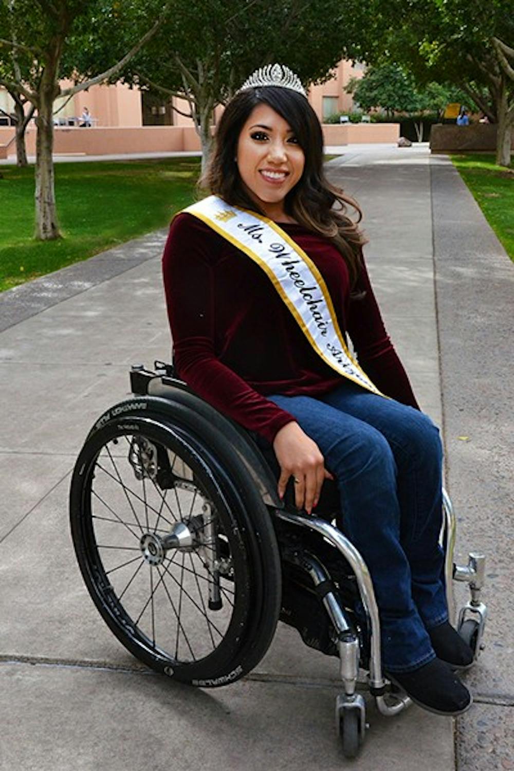 Juliet Martinez, a graduate student at ASU studying management of technology, will be representing Arizona in Long Beach, Calif., in August for the title of Ms. Wheelchair America. (Photo by Rachel Nemeh)