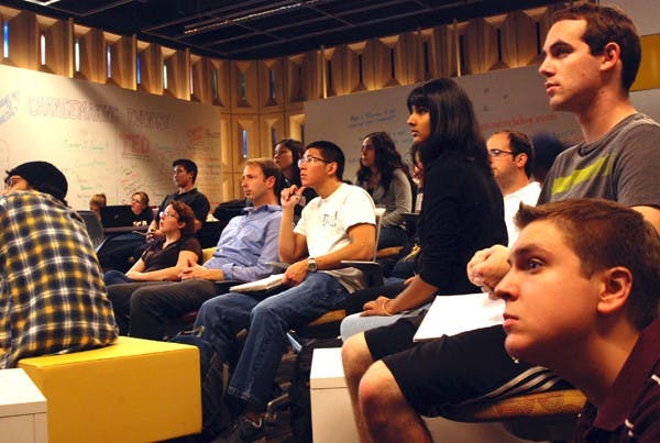 DIGITAL AGE: Students from the Management Entrepreneur and Value Creation class at the W.P. Carey School of Business listen to Ken Colburn speak Tuesday evening in the Memorial Union about using social media for entrepreneurship. (Photo by Julie Vitkovskaya)