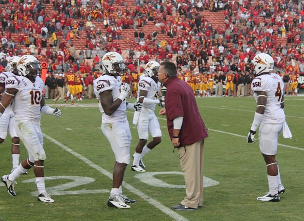Coach Todd Graham scolds his players in a timeout during ASU's 38-17 loss to USC on Saturday. (Photo by Edmund Hubbard)