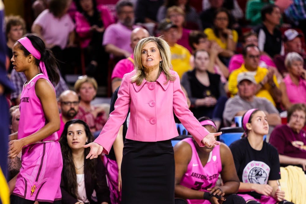 ASU women’s basketball head coach Charli Turner Thorne argues a call vs. Cal women’s basketball at Wells Fargo Arena on Feb. 8, 2015.