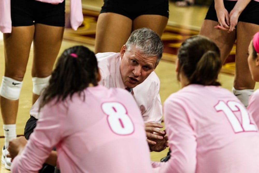 Coach Jason Watson talks to his players during the match vs Washington State on Sunday, Oct. 19th, 2014, at Wells Fargo Arena in Tempe. The Sun Devils would rally from two sets down to beat the Cougars 3-2. (Photo by Daniel Kwon)