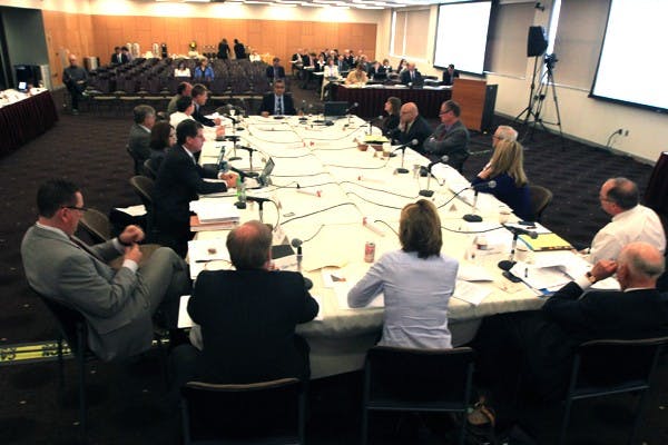 The Arizona Board of Regents convened in the Memorial Union's Turquoise Ballroom on Wednesday. Representatives from all three state colleges as well as the office of the auditor general were present. (Photo by Dominic Valente)