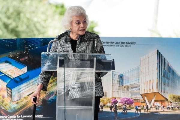 Retired Supreme Court justice Sandra Day O’Connor speaks at the groundbreaking ceremony for the Arizona Center for Law and Society, Thursday, Nov. 13, 2014 in Phoenix. The facility, scheduled to be completed and opened by fall 2016, will host several law-related institutions, including ASU’s Sandra Day O’Connor College of Law.