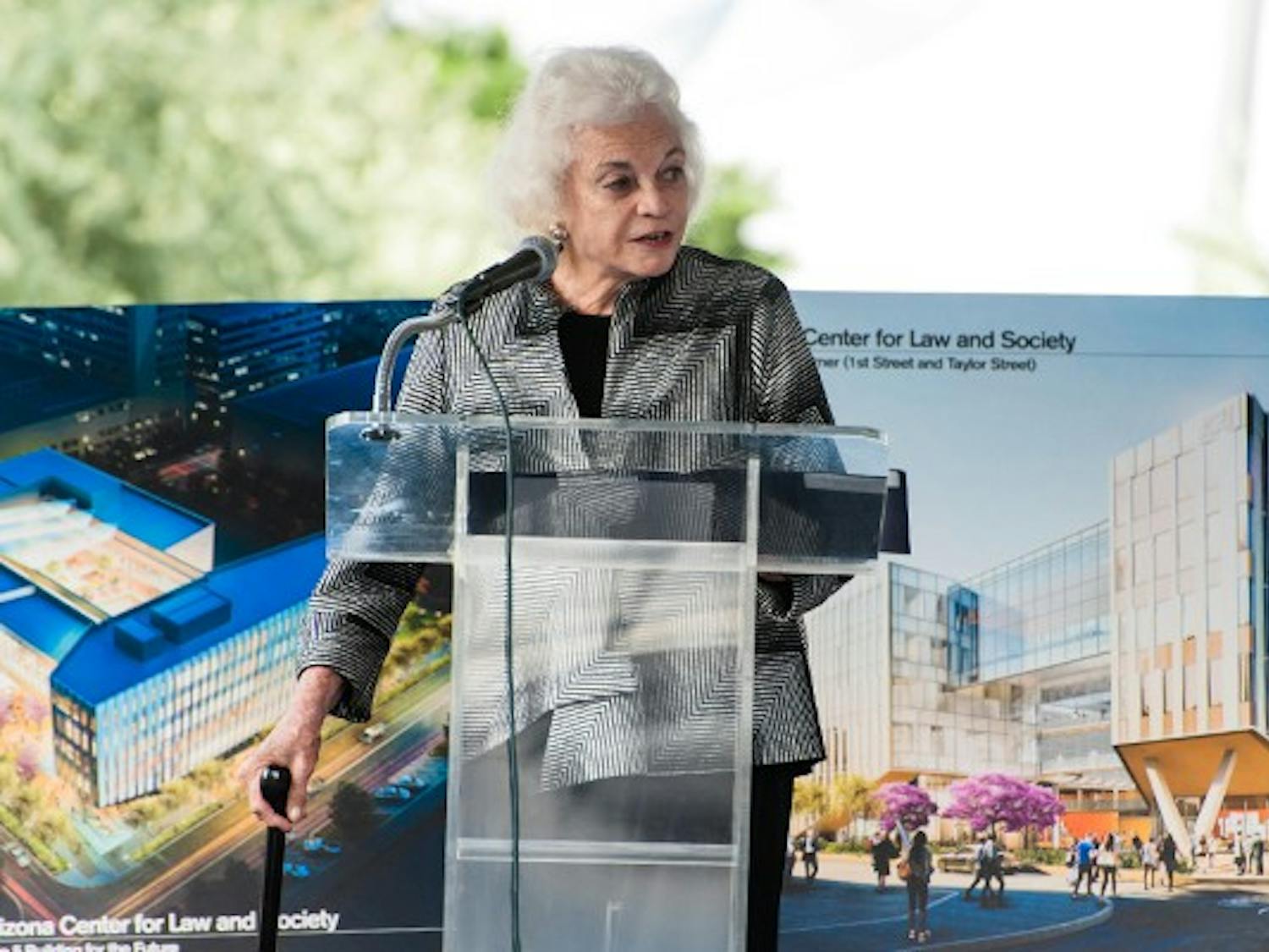 Retired Supreme Court justice Sandra Day O’Connor speaks at the groundbreaking ceremony for the Arizona Center for Law and Society, Thursday, Nov. 13, 2014 in Phoenix. The facility, scheduled to be completed and opened by fall 2016, will host several law-related institutions, including ASU’s Sandra Day O’Connor College of Law.
