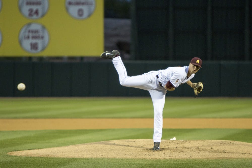Freshman Ryan Hingst throws for five innings in win against University of Nevada Las Vegas at Phoenix Municipal Stadium on Wednesday March 11, 2015. The Sun Devils defeated the Rebels 5-4. (Jacob Stanek/The State Press)