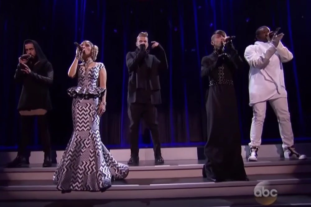 Pentatonix performs at the American Music Awards on Sunday, Nov. 22, 2015, at the Microsoft Theatre in Los Angeles.