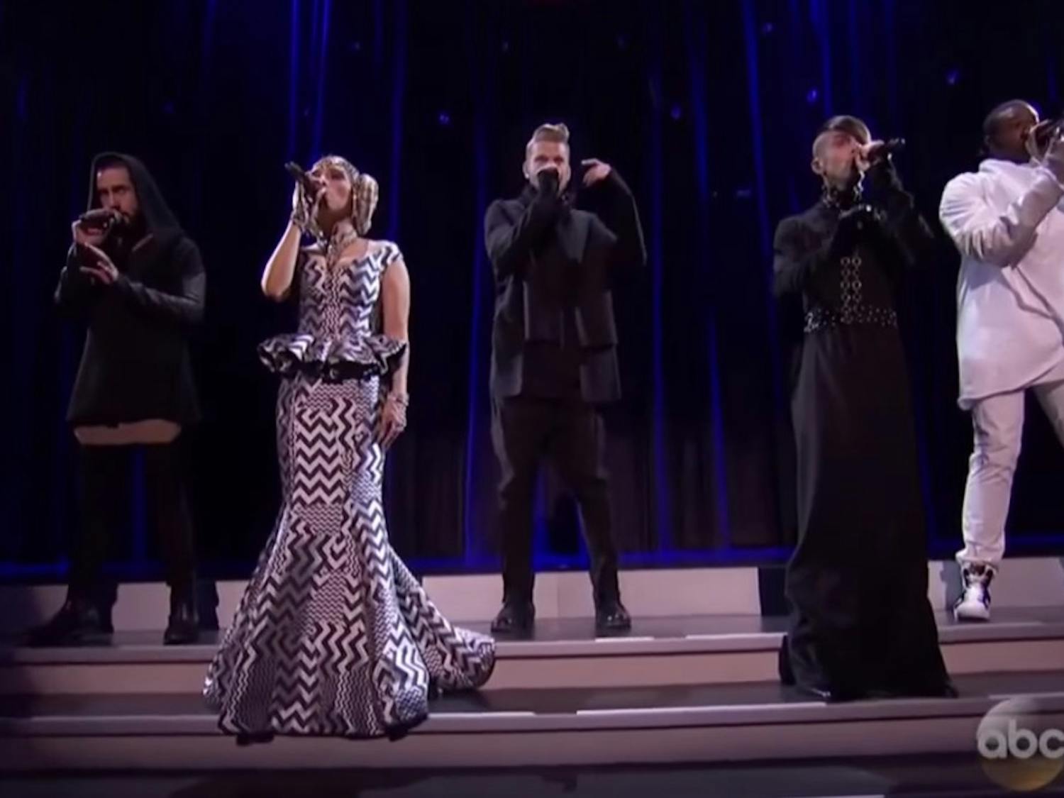 Pentatonix performs at the American Music Awards on Sunday, Nov. 22, 2015, at the Microsoft Theatre in Los Angeles.