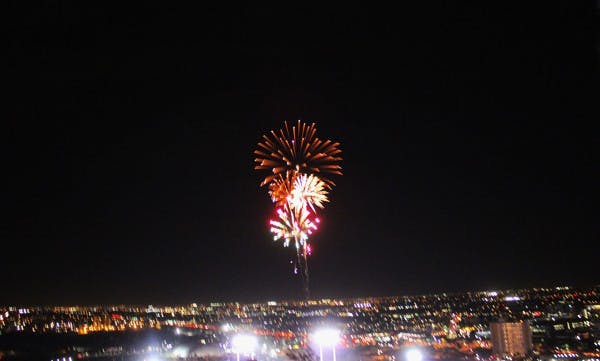 Fireworks shoot into the air above Sun Devil Stadium, after ASU's last touchdown during the ASU vs. Oregon game Thursday night.  (Photo by Jenn Allen)
