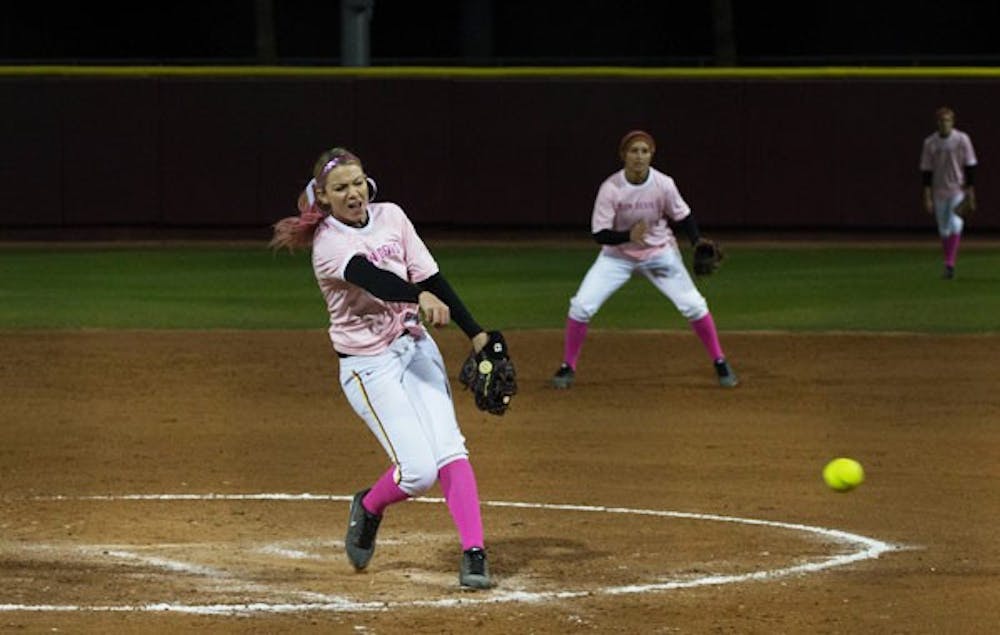 Junior pitcher Mackenize Popescue fires a pitch against Portland State on Feb.23. The ASU softball team looks to stay undefeated when they host their second tournament of the year the Wilson/DeMarini Invitational. 
(Photo by Dominic Valente)