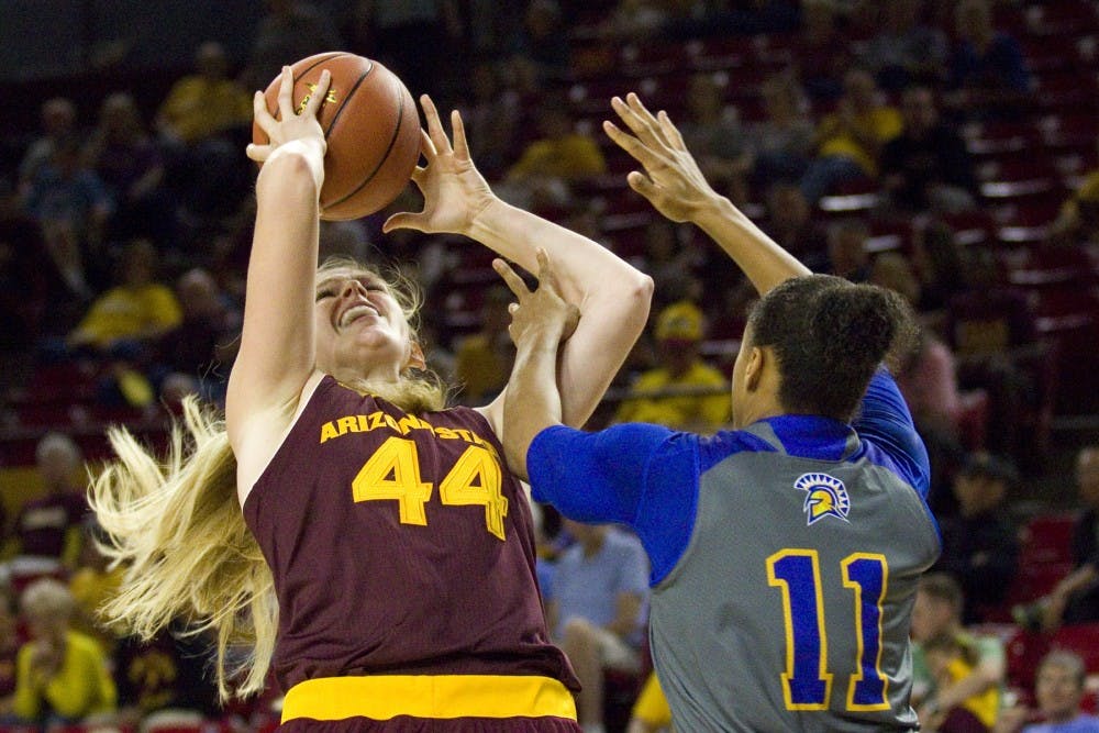 ASU senior center Sara Hattis (44) gets hit as she shoots in the post in a 82-37 victory over the San Jose State Spartans in Wells Fargo Arena in Tempe, Arizona, on Sunday, Nov. 13, 2016.
