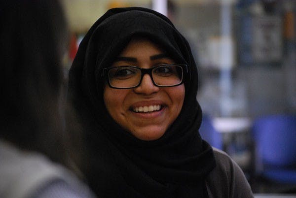 Supply chain management junior Zahraa Altarouty speaks with State Press reporter Dulce Paloma Baltazar Pedraza about her traditions in Saudi Arabia. Altarouty is an international student. (Photo by Murphy Bannerman)