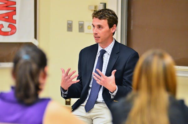 SPECIAL RELATIONSHIP: Arizona congressman Ben Quayle (R) speaks to students in the Schwada building on Wednesday night about the strong alliance between the United States and Israel. The speaking engagement was sponsored by Sun Devils for Israel and the American-Israel Alliance at West Campus. (Photo by Aaron Lavinsky)