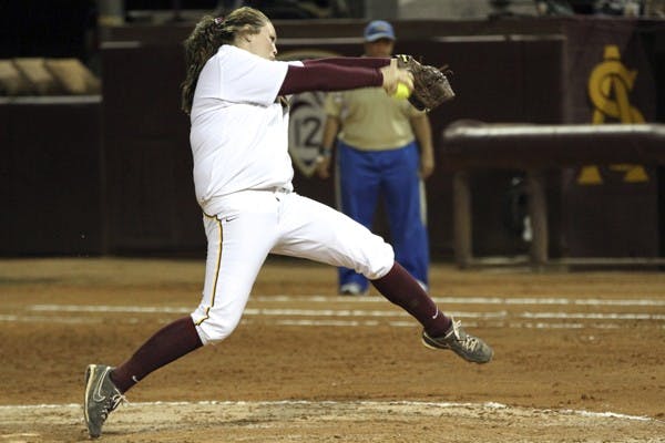 Dallas Escobedo throws a pitch in Thursday’s win over UCLA. Escobedo and Hillary Bach paved the way for the Sun Devils’ sweep of the Bruins. (Photo by Sam Rosenbaum)