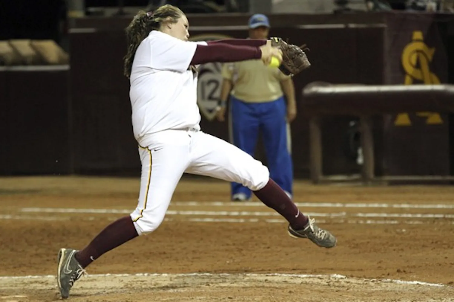 Dallas Escobedo throws a pitch in Thursday’s win over UCLA. Escobedo and Hillary Bach paved the way for the Sun Devils’ sweep of the Bruins. (Photo by Sam Rosenbaum)
