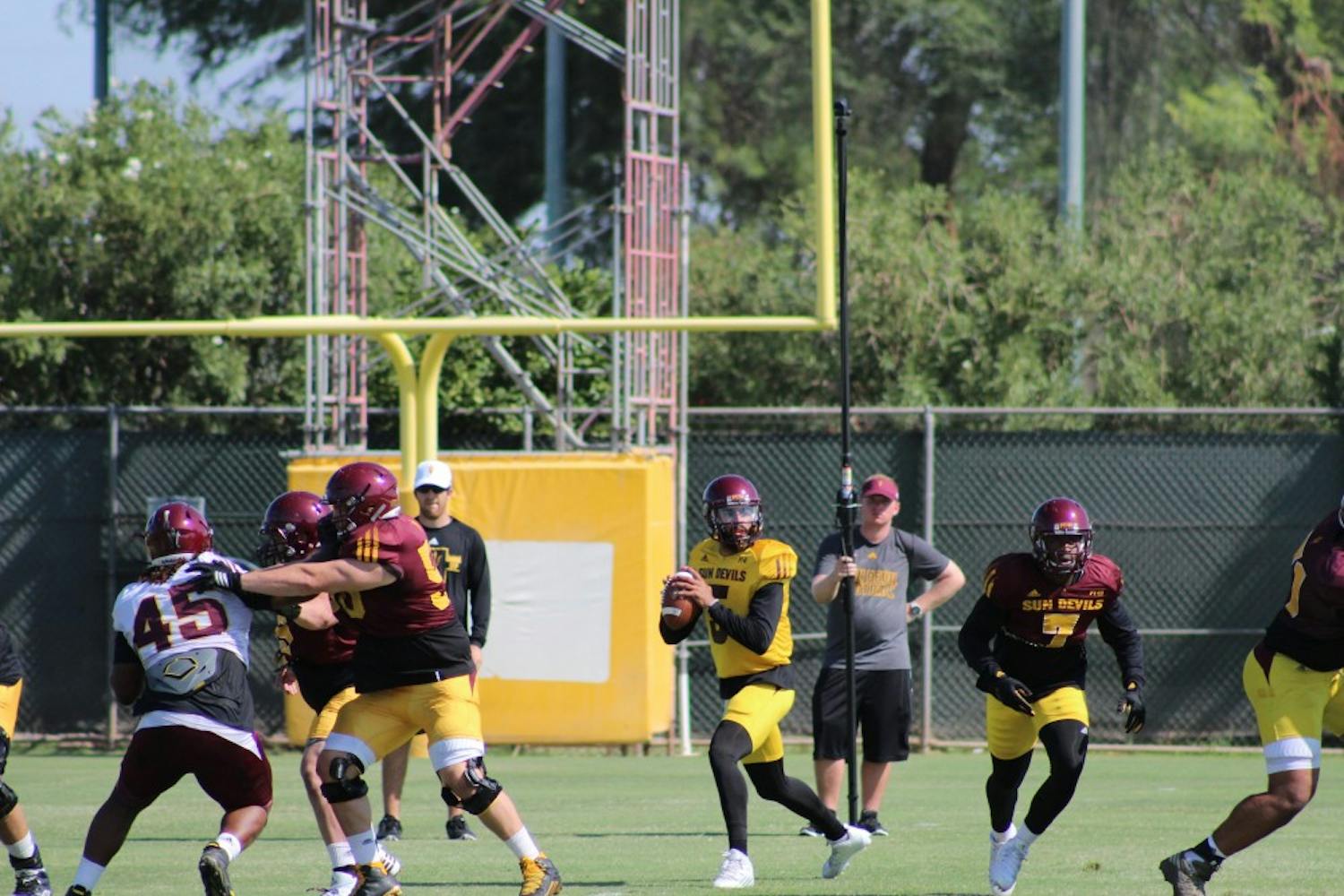 ASU redshirt sophomore quarterback Manny Wilkins drops back to pass during a morning&nbsp;practice on&nbsp;Tuesday, August 16th, 2016 at the Kajikawa Practice Fields in Tempe. &nbsp;