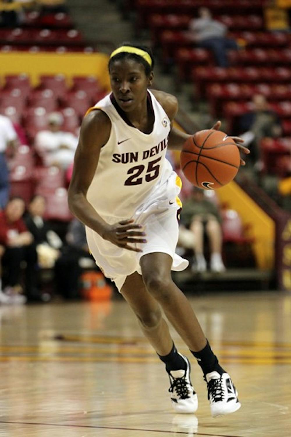 Kimberly Brandon dribbles the ball in a game against Stanford on Feb. 2. Brandon was the Sun Devils’ leading scorer this season. (Photo by Sam Rosenbaum)