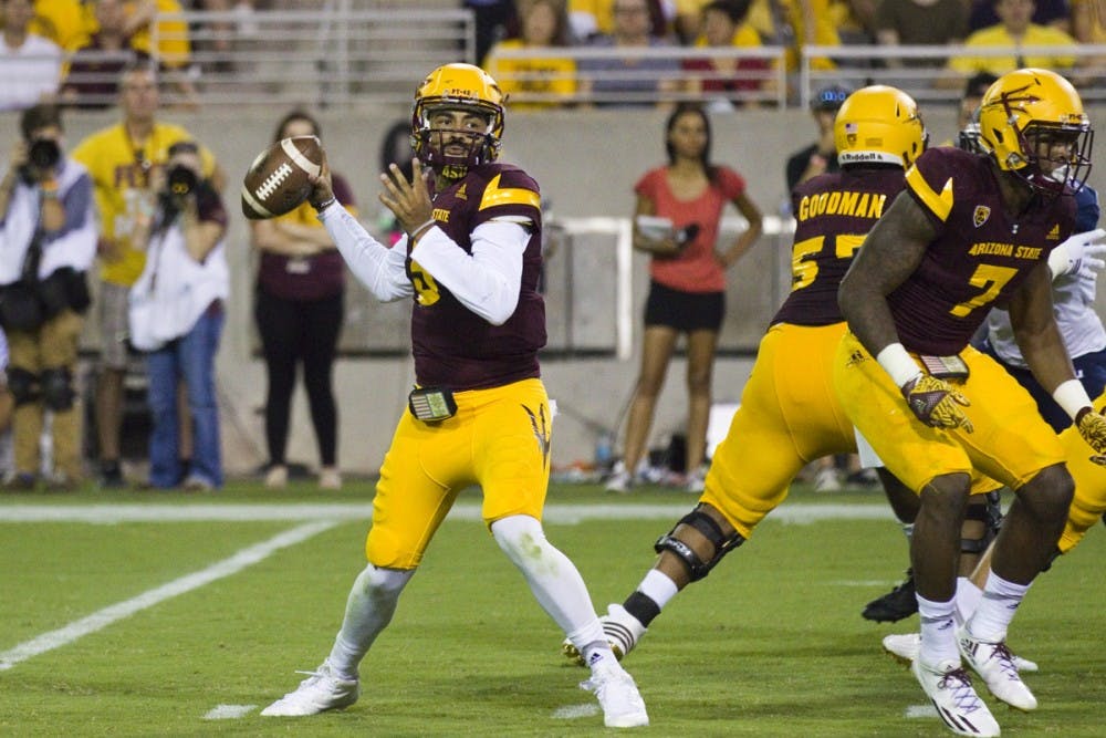 Arizona State redshirt sophmore quarterback Manny Wilkins looks to pass the ball during the 44-13 victory against the Northern Arizona University Lumberjacks in Sun Devil Stadium in Tempe, Arizona, on Saturday, September 3, 2016.