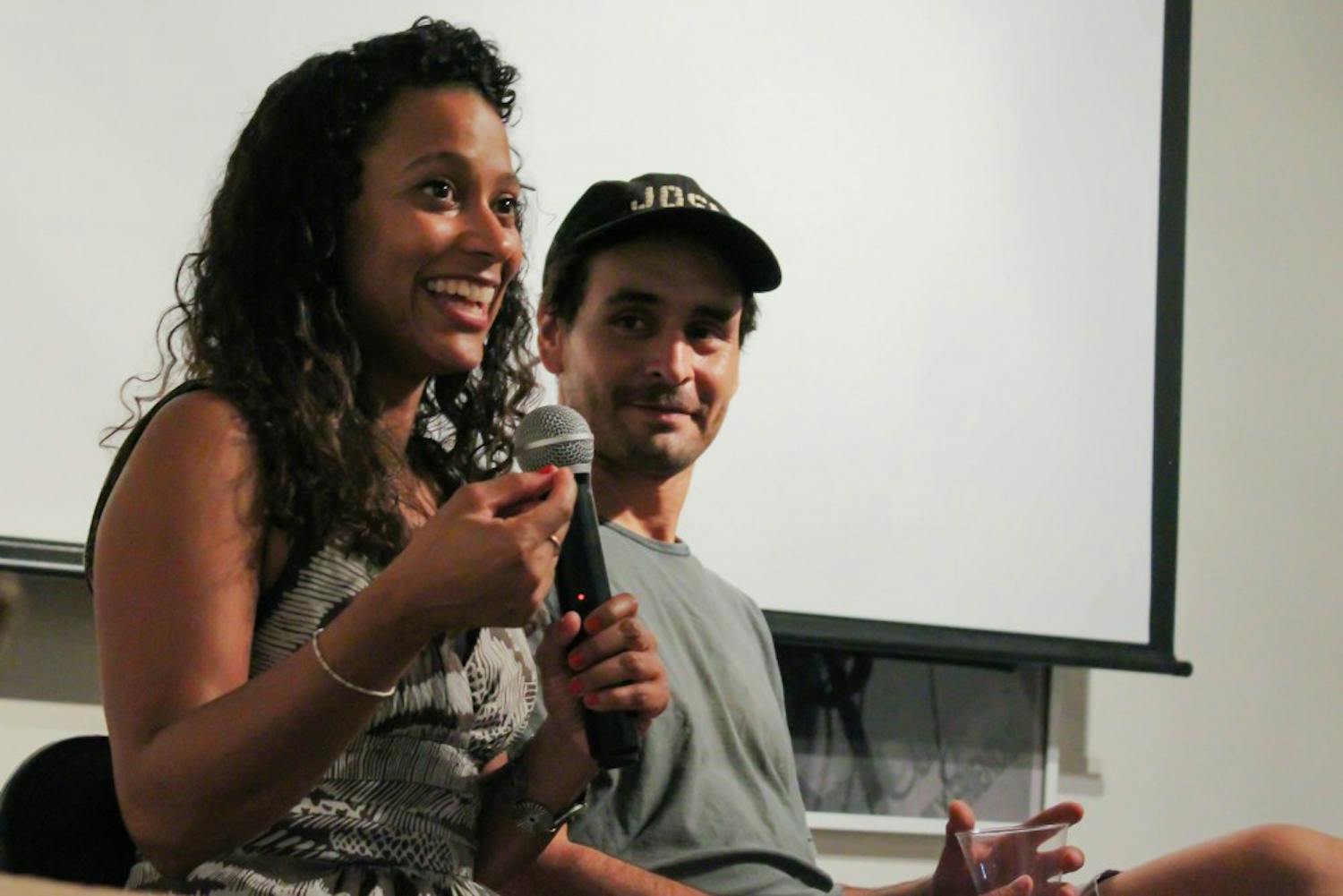 Estrella Payton (left) and Gabriel Rico (right) talk about their experiences with the Residencias Artistícas Artist exchange program at the ASU Art Museum Project Space in Phoenix, Arizona on Tuesday, Aug. 29, 2017.
