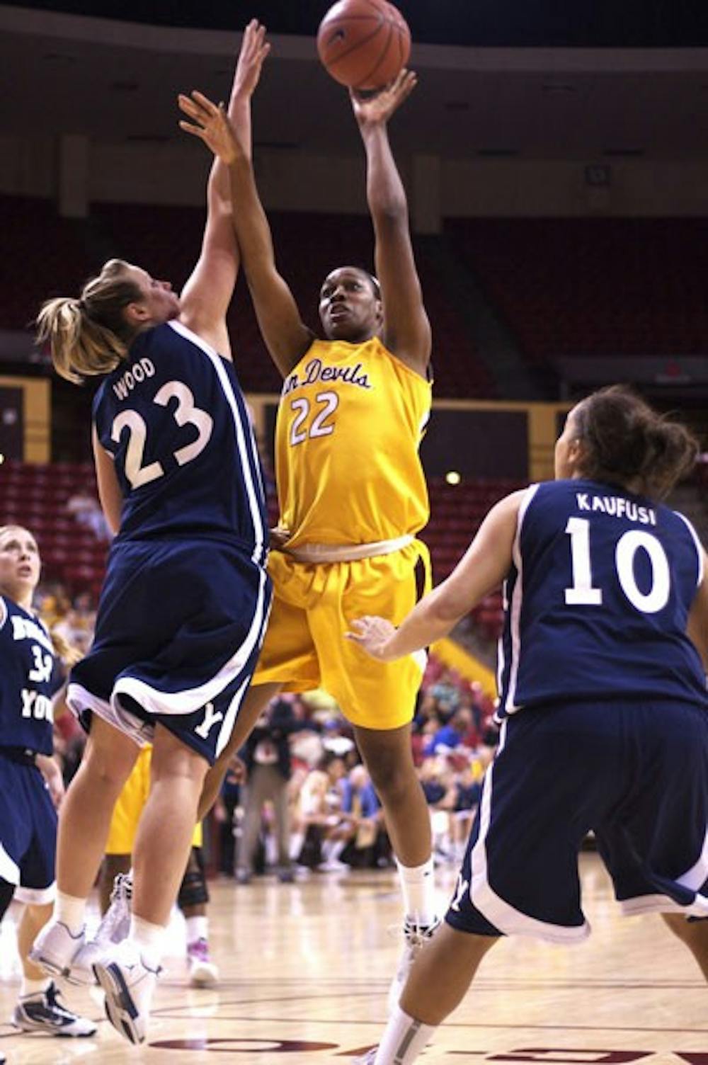 END OF THE ROAD: Freshman forward Janae Fulcher attempts a shot in ASU's season-ending 61-53 loss to BYU on Tuesday. (Photo by Scott Stuk)