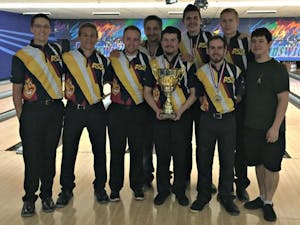 The ASU Bowling Club poses after winning the Collegiate Club Championships on Wednesday, April 13, 2016, at the Brunswick Zone in Scottsdale. 