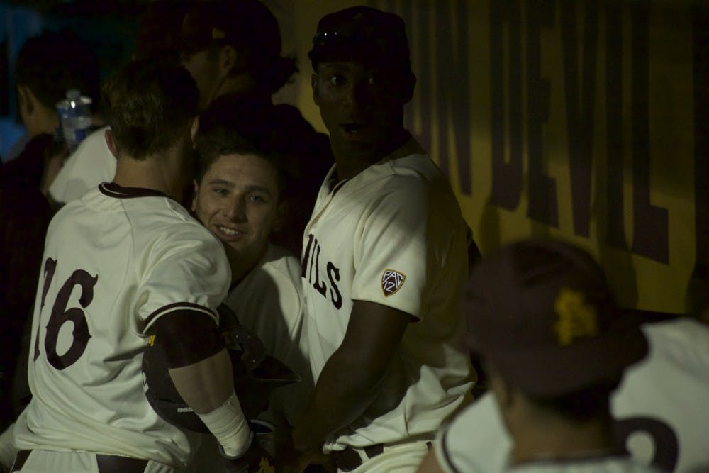 Sebastian Zawada celebrates in the dugout after hitting the walk-off for&nbsp;ASU baseball on Saturday, March 6, 2016 at Phoenix Municipal Stadium. ASU won 5-4.