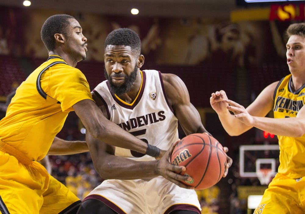 Junior forward Obinna Oleka (5) fights into the key against Kennesaw State on Wednesday, Nov. 18, 2015, at Wells Fargo Arena in Tempe. The Sun Devils took down the Owls 91-53.