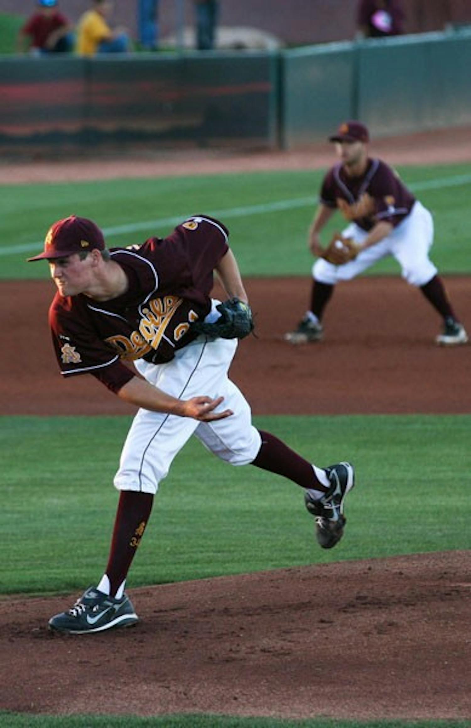 Ready to go: ASU junior Kramer Champlin releases a pitch against WSU on April 17. Champlin is expected to start on Saturday against No. 25 Stanford. (Photo by Lisa Bartoli)