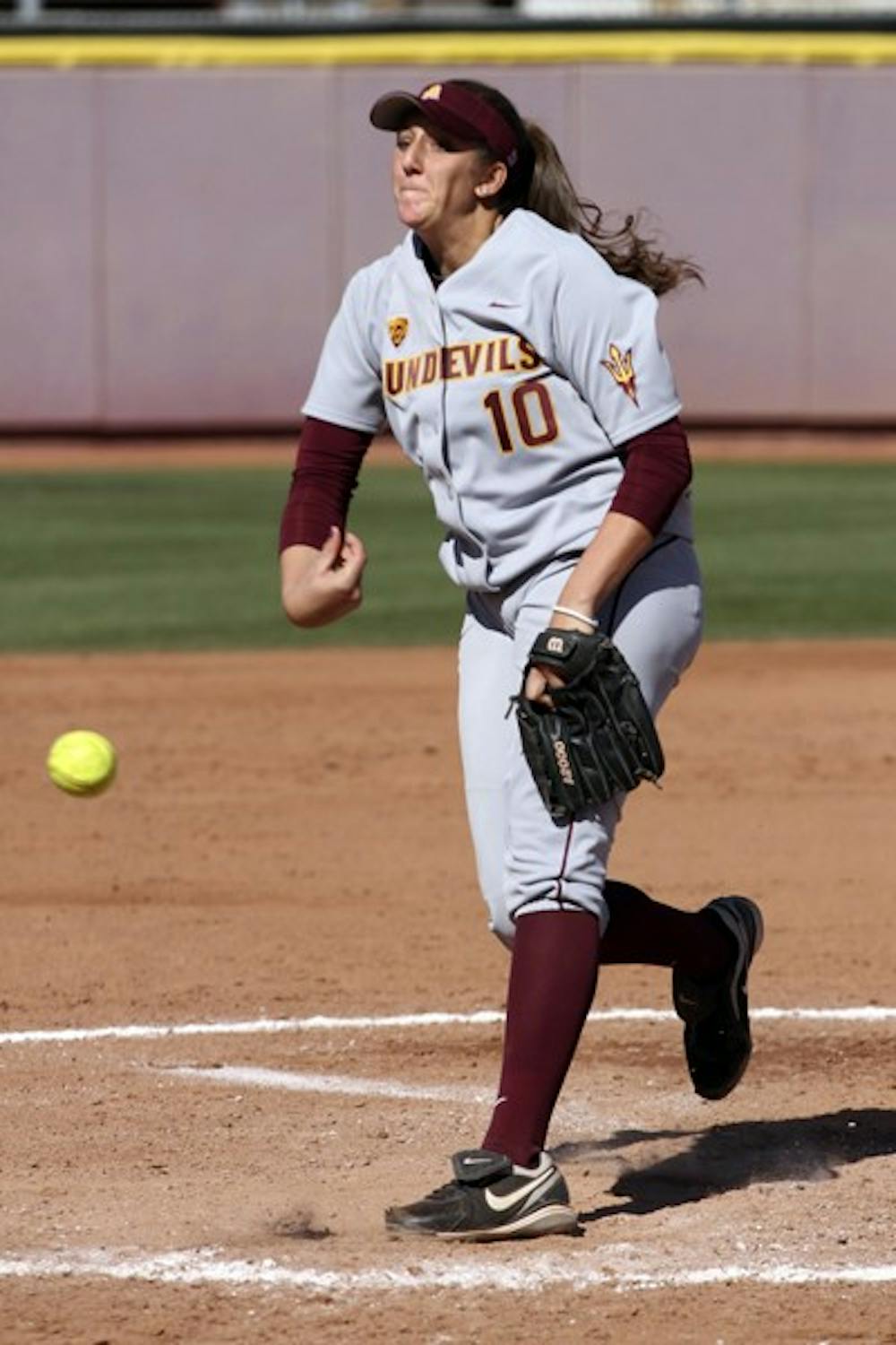 ASU senior pitcher Hillary Bach launches a pitch against New Mexico State on March 11. Bach pitched her seventh shutout of the season Thursday against BYU. (Photo by Sam Rosenbaum)