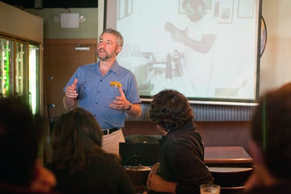 BOTTOMS UP: Ken Grossman spoke to undergraduates in BIS 402 Tuesday afternoon. Grossman is the president and founder of the Sierra Nevada Brewing Company. (Photo by Scott Stuk)