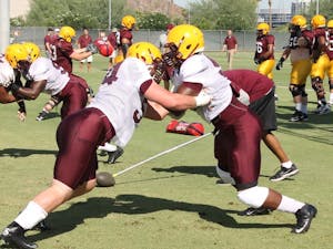 ASU lineman battle in the trenches at practice Tueday. (Photo by Justin Janssen)