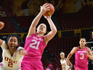 Arizona State University junior forward Sophie Brunner shoots the ball in a game against the University of Southern California held on Sunday, Feb. 7, 2014, at the Wells Fargo Arena in Tempe.  