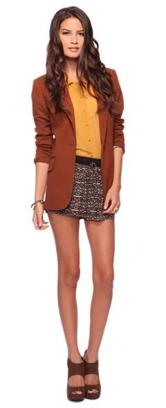 Brown jacket and yellow shirt courtesy of forever21.com.