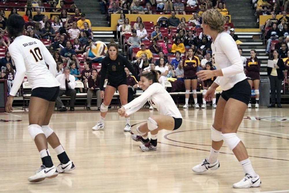 STILL GROUNDED: Redshirt sophomore libero Caitlyn Murphy reaches for a dig during the third set of the Sun Devils’ 3-1 loss to No. 5 Stanford on Saturday. Despite defeating Colorado last weekend, the Sun Devils are 1-13 in their last 14 games. (Photo by Elijah Grasser)