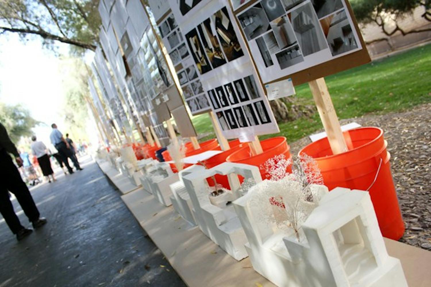 First-year architecture students display their work on Forest Mall Monday afternoon. (Photo by Jenn Allen)