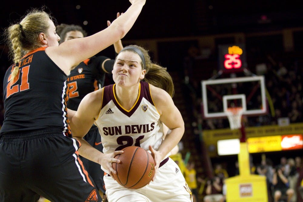 ASU senior forward Sophie Brunner (21) drives towards the basket during the women's basketball game versus the Oregon State Beavers in Wells Fargo Arena in Tempe, Arizona on Friday, Feb. 3, 2017. ASU lost 54-45. (Josh Orcutt/State Press) 