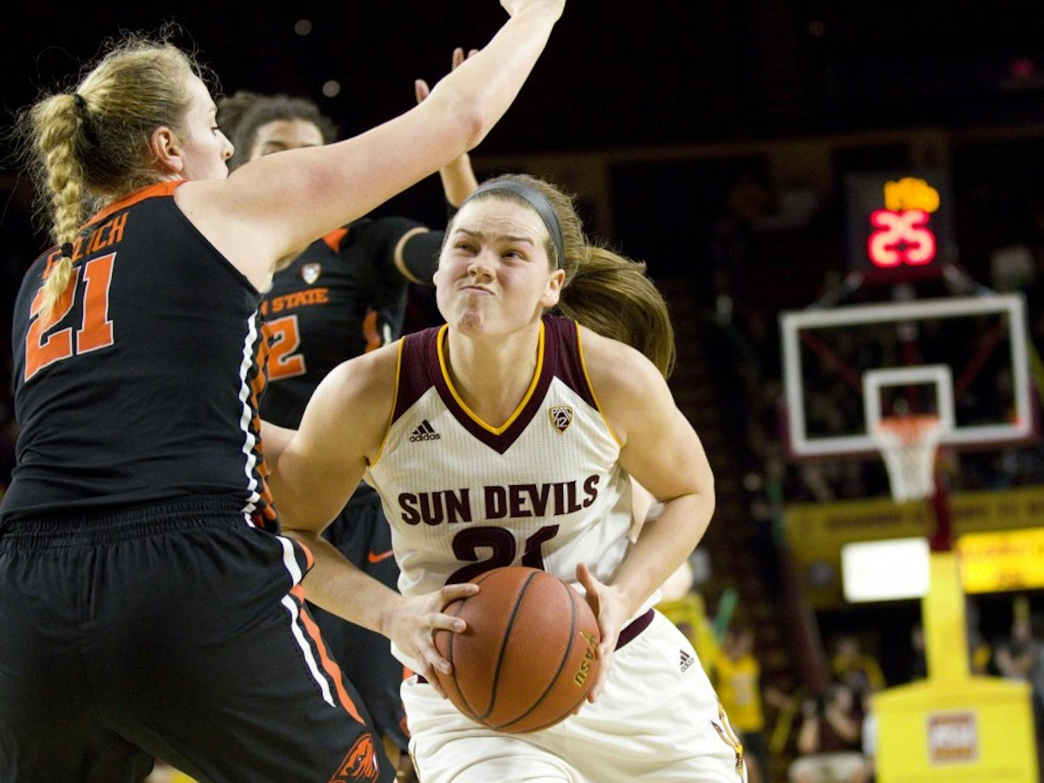 ASU senior forward Sophie Brunner (21) drives towards the basket during the women's basketball game versus the Oregon State Beavers in Wells Fargo Arena in Tempe, Arizona on Friday, Feb. 3, 2017. ASU lost 54-45. (Josh Orcutt/State Press) 