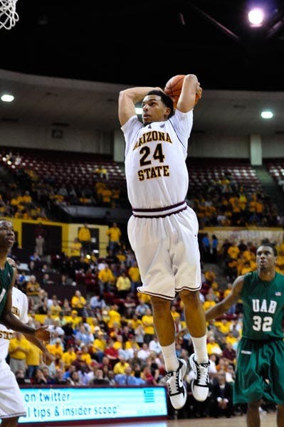 LEADING MAN: Sophomore guard Trent Lockett goes up for a dunk during last weekend's game against UAB. Lockett led ASU to two wins over the weekend in the Great Alaksa Shootout, scoring 24 points against Weber State and 18 against Houston Baptist. The Sun Devils fell Saturday to St. Johns in the tournament championship game with senior guard Ty Abbott leading the way with 22 points.