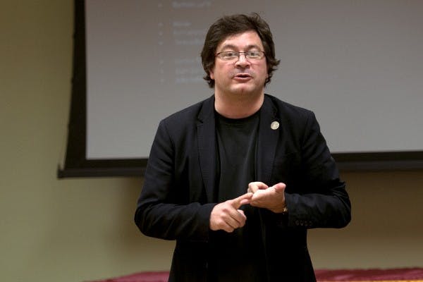 Juan Jose Diaz Infante gives a presentation on the Mexican Space Collective at ASU’s Tempe Campus on Wednesday January 29th. The collective is a group of eclectic thinkers and artists whose goal is to create a satellite, named Ulises I. (Photo by Mario Mendez)